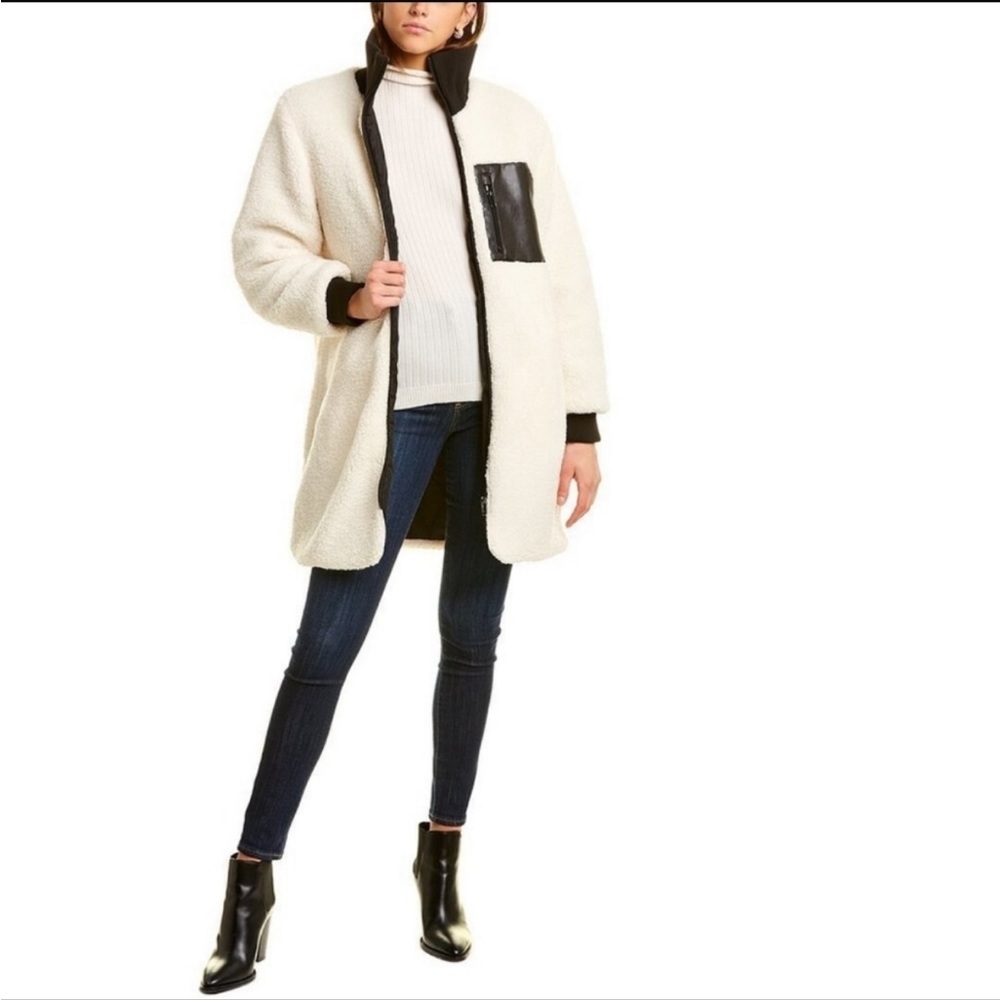 NVLT Anthropologie cream sherpa fleece longline jacket w/ faux leather accent - Picture 5 of 12